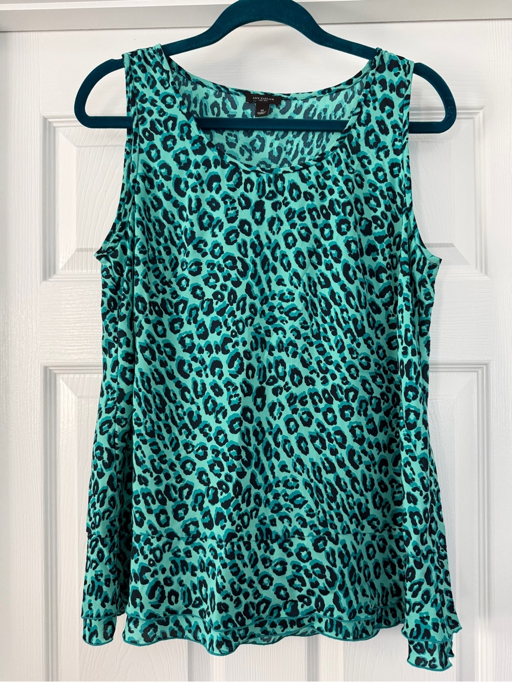Ann Taylor Sleeveless Teal Leopard Print Flounce Tank Top - Medium